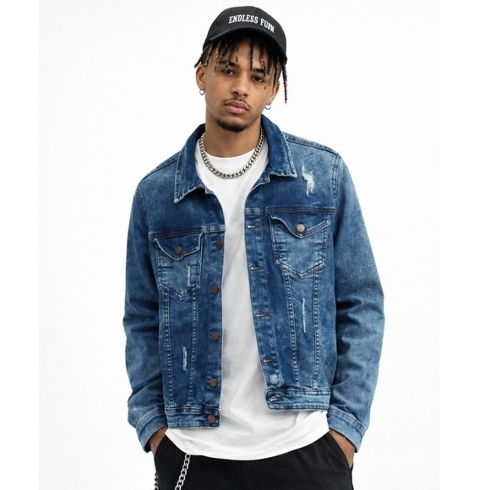 HERE&NOW‎ Regular Trucker Jacket Mens Small Blue Acid Wash Distressed Denim